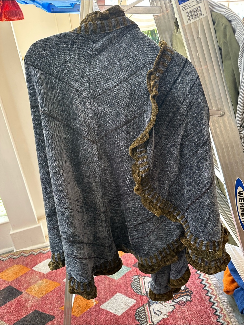 Women’s Dark Gray Ruffle-Trim Knit Chenille Poncho woven by Marcia Hammond